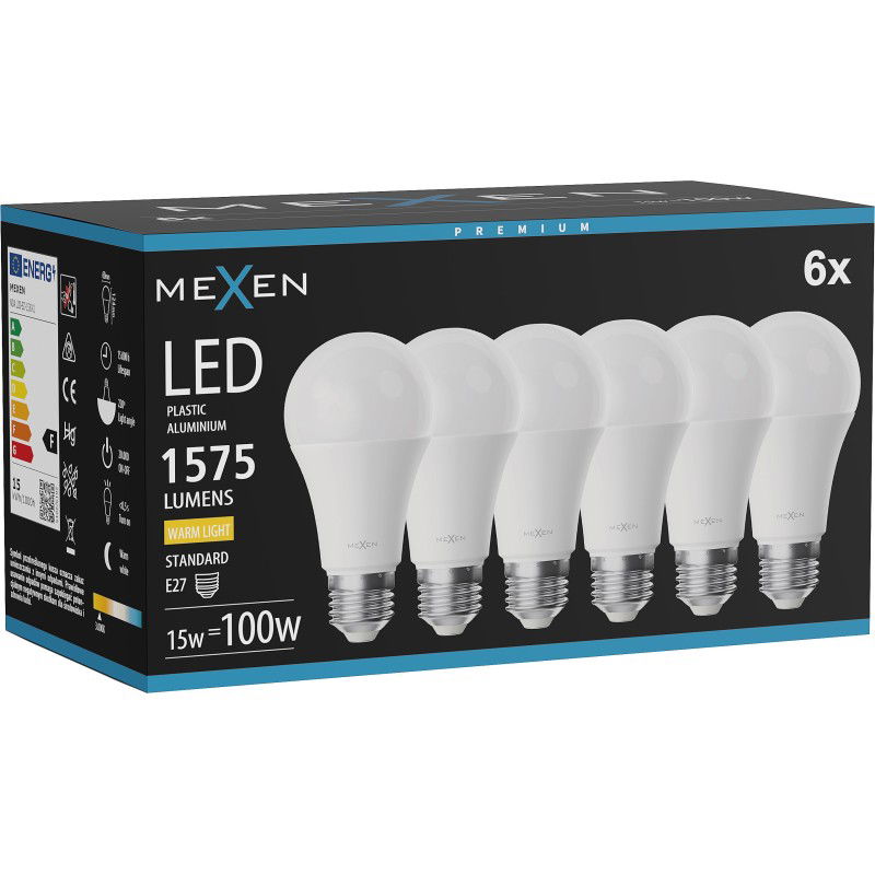 Mexen Nova 6x LED žiarovka E27, A60, 15W, Teplá - 3000K, 1575 lm - L100-E27-1530-01x06