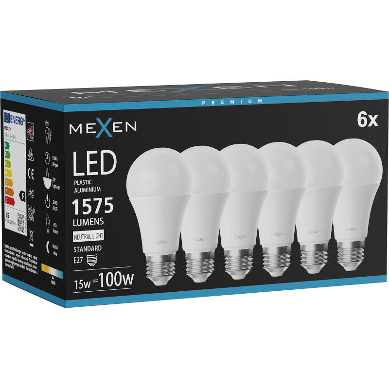 Mexen Nova 6x LED žiarovka E27, A60, 15W, Neutrálna - 4000K, 1575 lm - L100-E27-1540-01x06