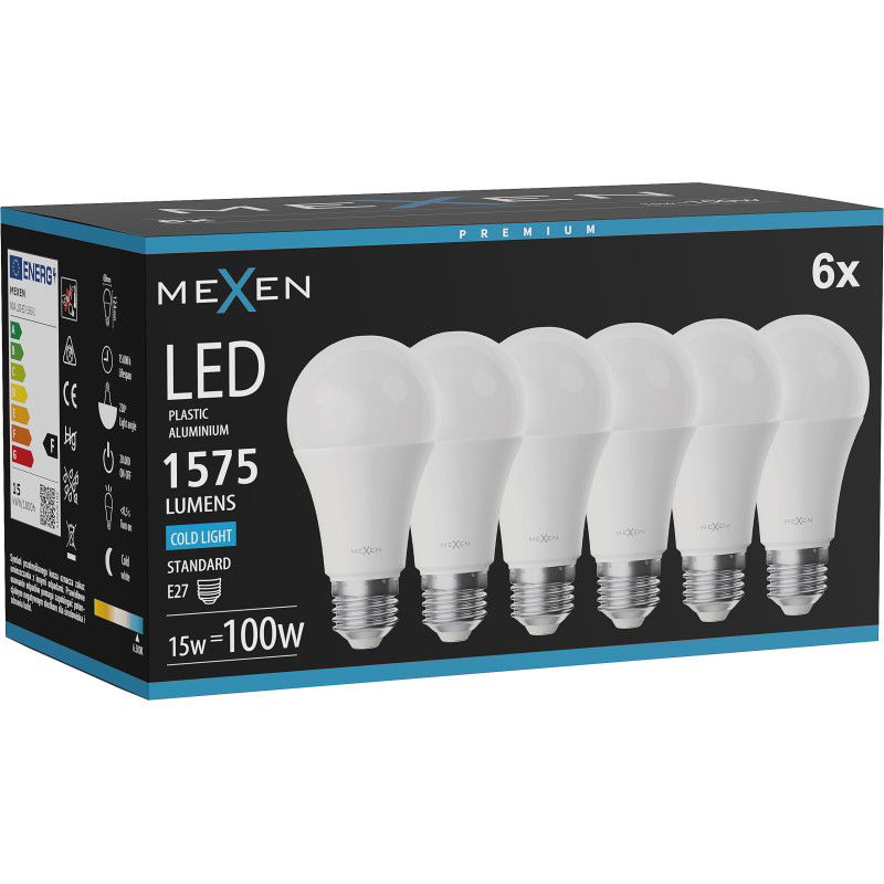 Mexen Nova 6x Žiarovka LED E27, A60, 15W, Studená - 6500K, 1575 lm - L100-E27-1565-01x06