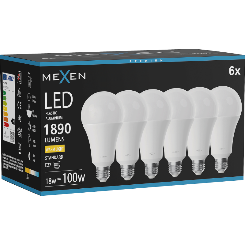 Mexen Nova 6x LED žiarovka E27, A70, 18W, Teplá - 3000K, 1890 lm - L100-E27-1830-01x06