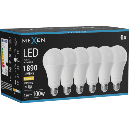 Mexen Nova 6x LED žiarovka E27, A70, 18W, Teplá - 3000K, 1890 lm - L100-E27-1830-01x06