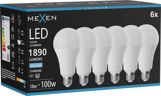 Mexen Nova 6x LED žiarovka E27, A70, 18W, Studená - 6500K, 1890 lm - L100-E27-1865-01x06