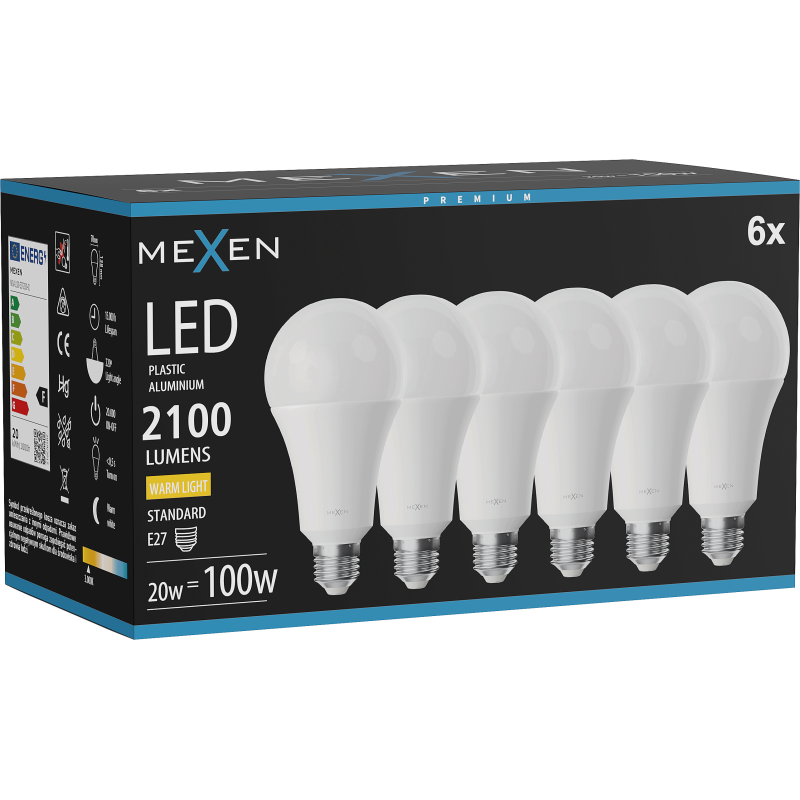 Mexen Nova 6x LED žiarovka E27, A70, 20W, Teplá - 3000K, 2100 lm - L100-E27-2030-01x06