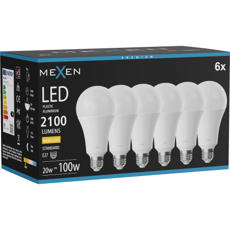 Mexen Nova 6x LED žiarovka E27, A70, 20W, Teplá - 3000K, 2100 lm - L100-E27-2030-01x06