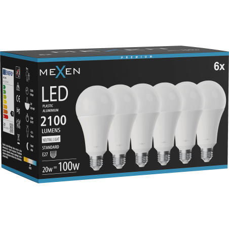 Mexen Nova 6x LED žiarovka E27, A70, 20W, Neutrálna - 4000K, 2100 lm - L100-E27-2040-01x06