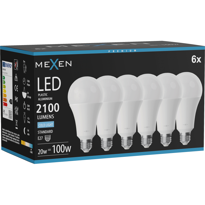 Mexen Nova 6x LED žiarovka E27, A70, 20W, Studená - 6500K, 2100 lm - L100-E27-2065-01x06