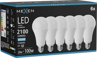 Mexen Nova 6x LED žiarovka E27, A70, 20W, Studená - 6500K, 2100 lm - L100-E27-2065-01x06