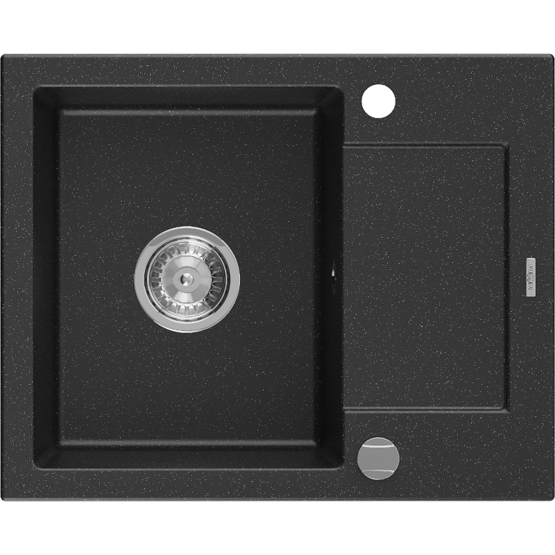 Mexen Enzo granitový drez s 1 komorou a odkvapkávačom 576 x 465 mm, čierny/strieborný metalický, chrómový sifón