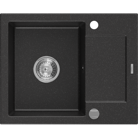 Mexen Enzo granitový drez s 1 komorou a odkvapkávačom 576 x 465 mm, čierny/strieborný metalický, chrómový sifón