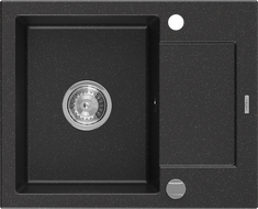 Mexen Enzo granitový drez s 1 komorou a odkvapkávačom 576 x 465 mm, čierny/strieborný metalický, chrómový sifón