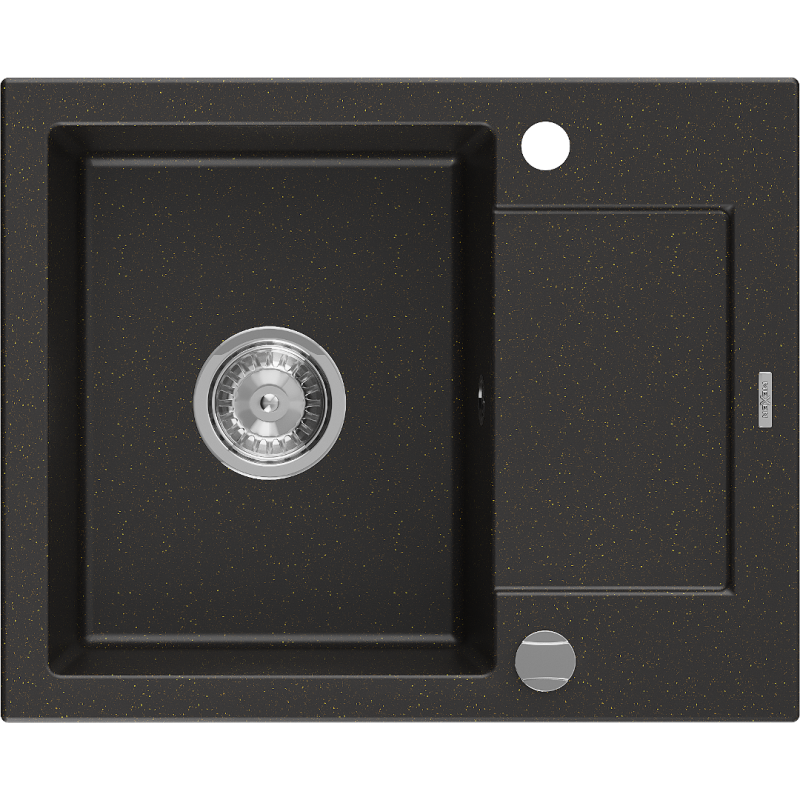 Mexen Enzo žulový drez s odkvapkávačom 1-komorový 576 x 465 mm, čierny/zlatý metalík, sifón chróm - 6506571005-75