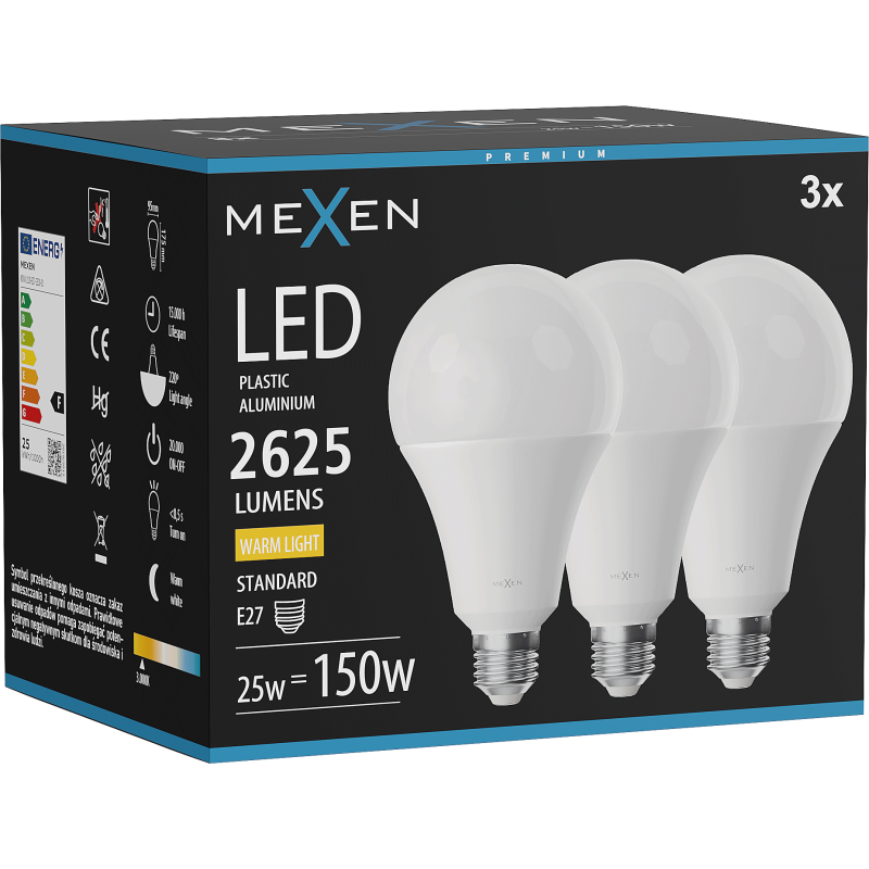 Mexen Nova 3x LED žiarovka E27, A95, 25W, Teplá - 3000K, 2625 lm - L100-E27-2530-01x03