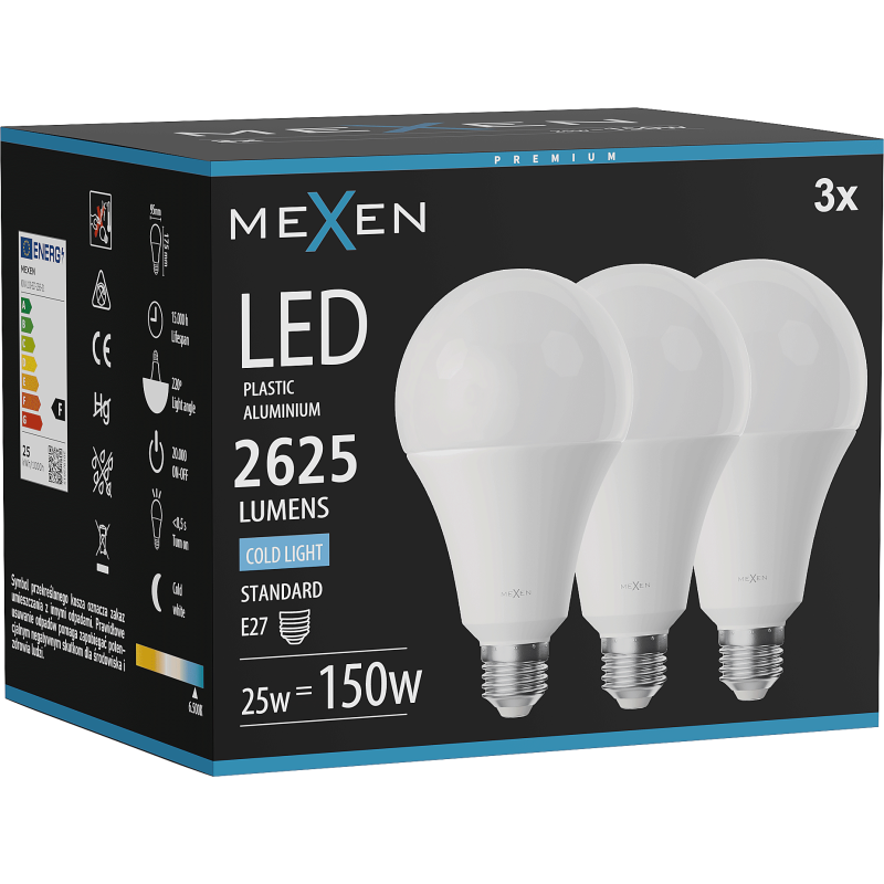 Mexen Nova 3x LED žiarovka E27, A95, 25W, Studená - 6500K, 2625 lm - L100-E27-2565-01x03