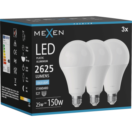 Mexen Nova 3x LED žiarovka E27, A95, 25W, Studená - 6500K, 2625 lm - L100-E27-2565-01x03