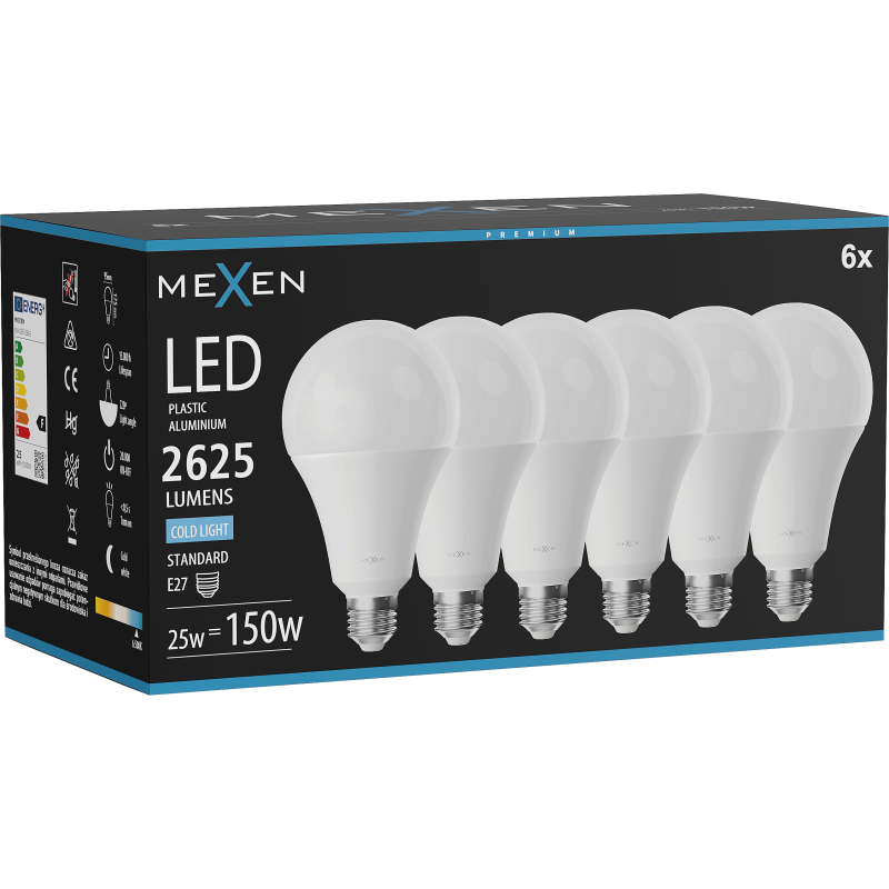 Mexen Nova 6x LED žiarovka E27, A95, 25W, Studená - 6500K, 2625 lm - L100-E27-2565-01x06