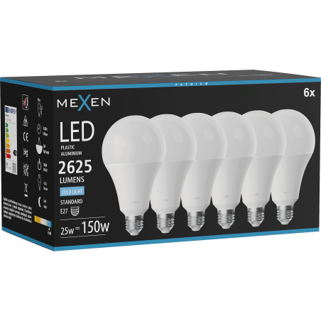 Mexen Nova 6x LED žiarovka E27, A95, 25W, Studená - 6500K, 2625 lm - L100-E27-2565-01x06