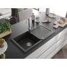 Mexen Leo žulový kuchynský drez 1-komorový s odkvapkávačom 900 x 500 mm, čierny/zlatý metalický, chróm sifón - 6501901010-75