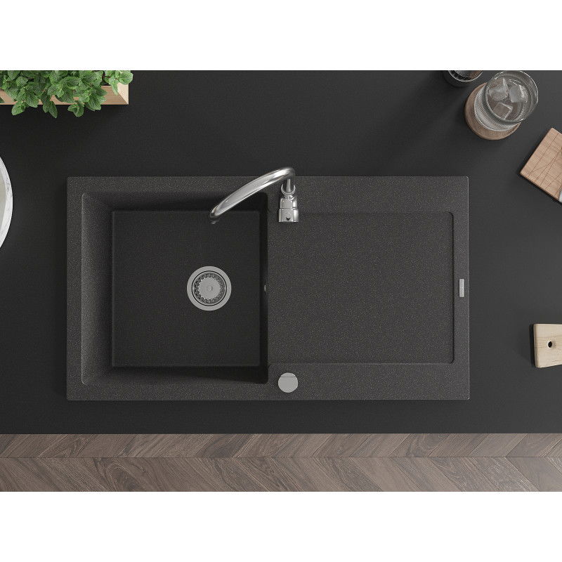 Mexen Leo žulový kuchynský drez s odkvapkávacou plochou 900 x 500 mm, čierny škvrnitý, sifón chróm - 6501901010-76