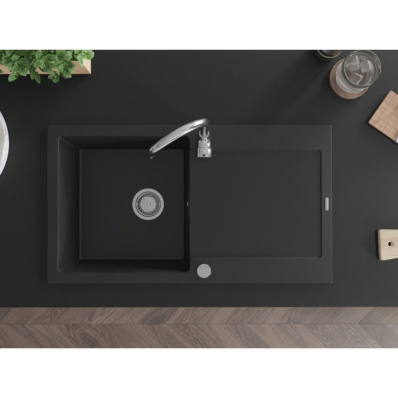 Mexen Leo žulový drez 1-komorový s odkvapkávačom 900 x 500 mm, čierny, chrómový sifón - 6501901010-77