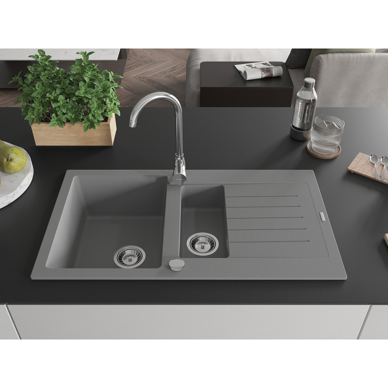 Mexen Matias granitový drez 1,5-komorový s odkvapkávacou plochou 900 x 505 mm, sivý, sifón chróm - 6502901505-71