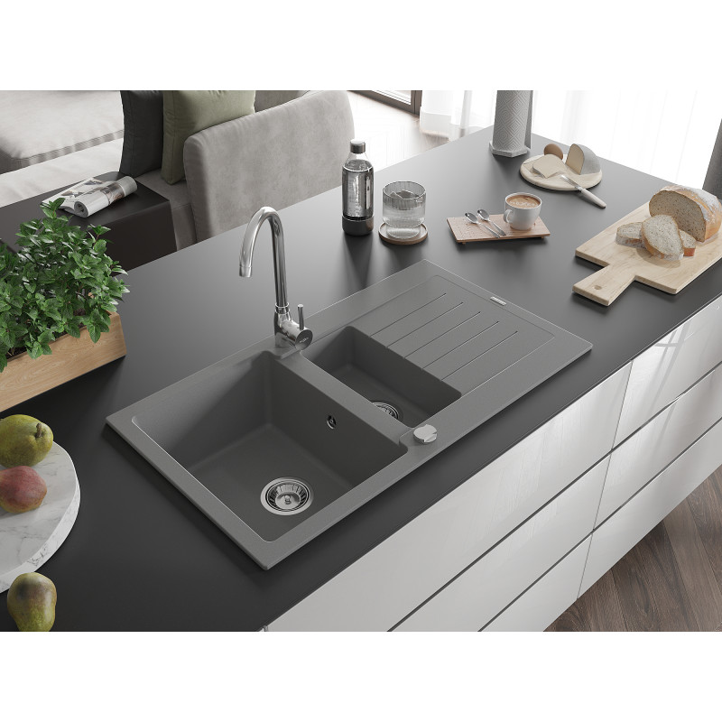 Mexen Matias granitový drez 1,5-komorový s odkvapkávacou plochou 900 x 505 mm, sivý, sifón chróm - 6502901505-71