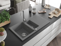 Mexen Matias granitový drez 1,5-komorový s odkvapkávacou plochou 900 x 505 mm, sivý, sifón chróm - 6502901505-71