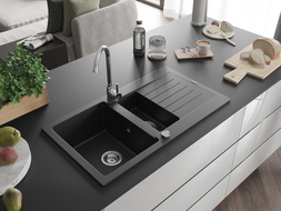 Mexen Matias granitový drez 1,5-komorový s odkvapkávačom 900 x 505 mm, čierny, sifón chróm - 6502901505-77