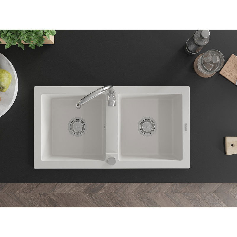 Mexen Mario granitový drez s 2 komorami 820 x 436 mm, biely, sifón chróm - 6504822000-20