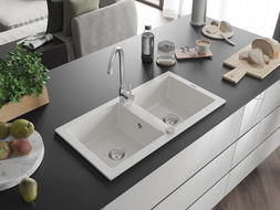 Mexen Mario granitový drez s 2 komorami 820 x 436 mm, biely, sifón chróm - 6504822000-20