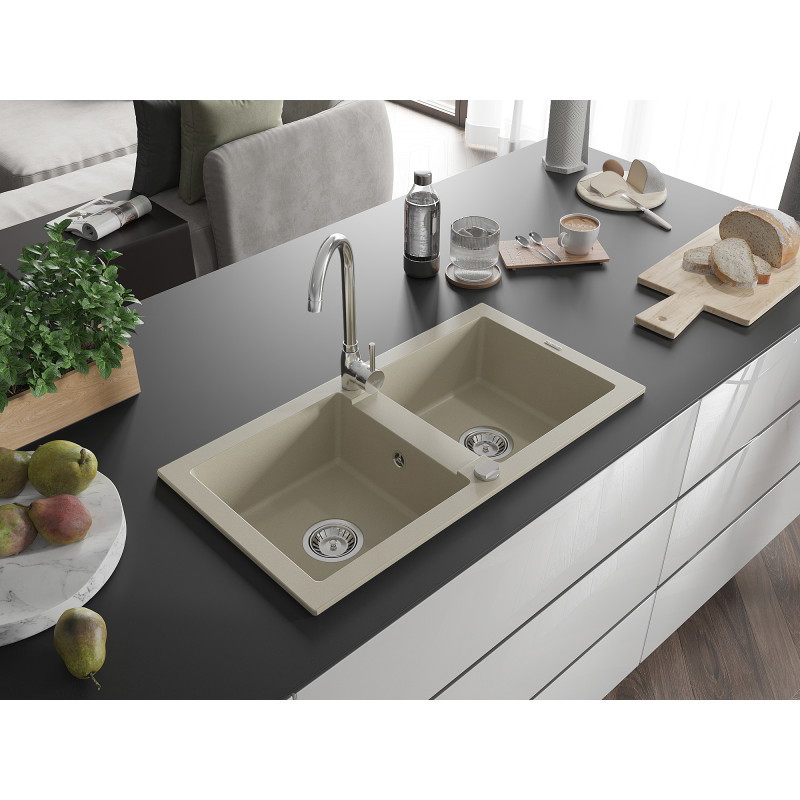 Mexen Mario Granitový dvojkomorový drez 820 x 436 mm, béžový, chrómový sifón - 6504822000-69