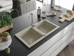 Mexen Mario žulový drez s 2 komorami 820 x 436 mm, béžový, chrómový sifón - 6504822000-69