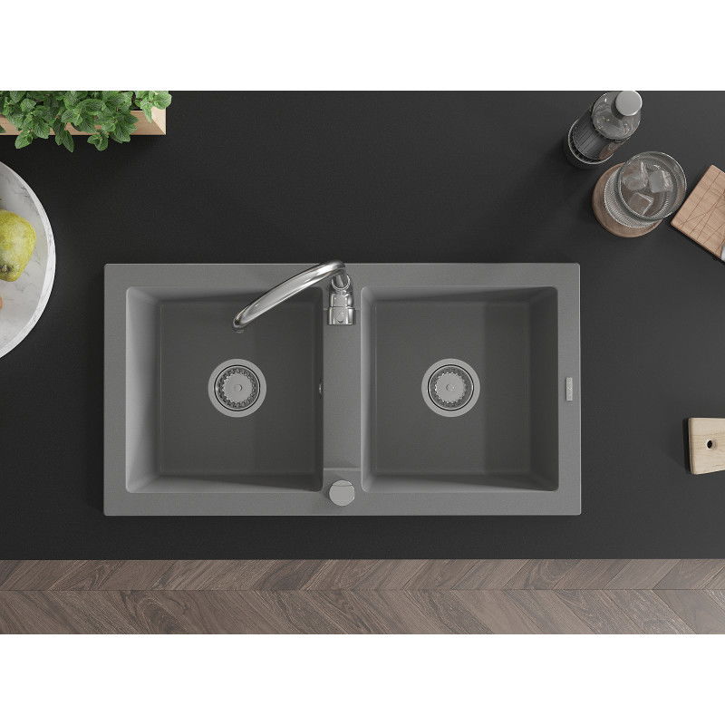 Mexen Mario žulový drez 2-komorový 820 x 436 mm, sivý, sifón chróm - 6504822000-71