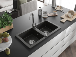 Mexen Mario žulový drez s 2 komorami 820 x 436 mm, čierny/zlatý metalický, sifón chróm - 6504822000-75