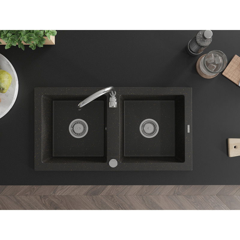 Mexen Mario žulový drez s 2 komorami 820 x 436 mm, čierny/zlatý metalický, sifón chróm - 6504822000-75