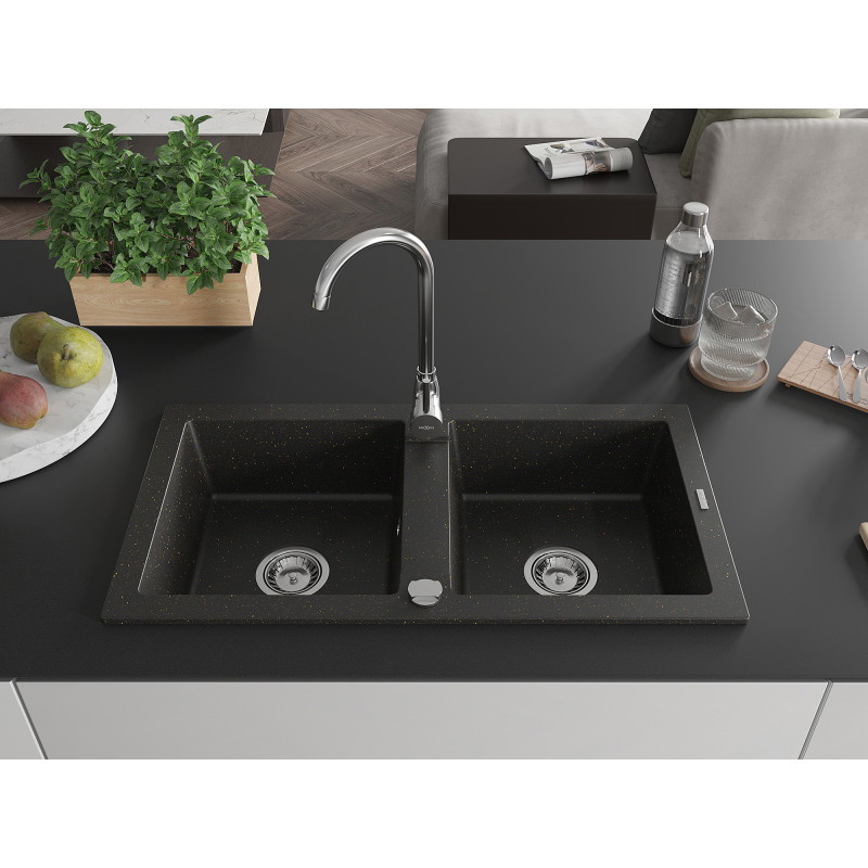 Mexen Mario granitový drez 2-komorový 820 x 436 mm, čierny/zlatý metalický, sifón chróm - 6504822000-75