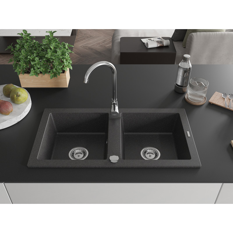 Mexen Mario granitový drez 2-komorový 820 x 436 mm, čierny škvrnitý, sifón chróm - 6504822000-76