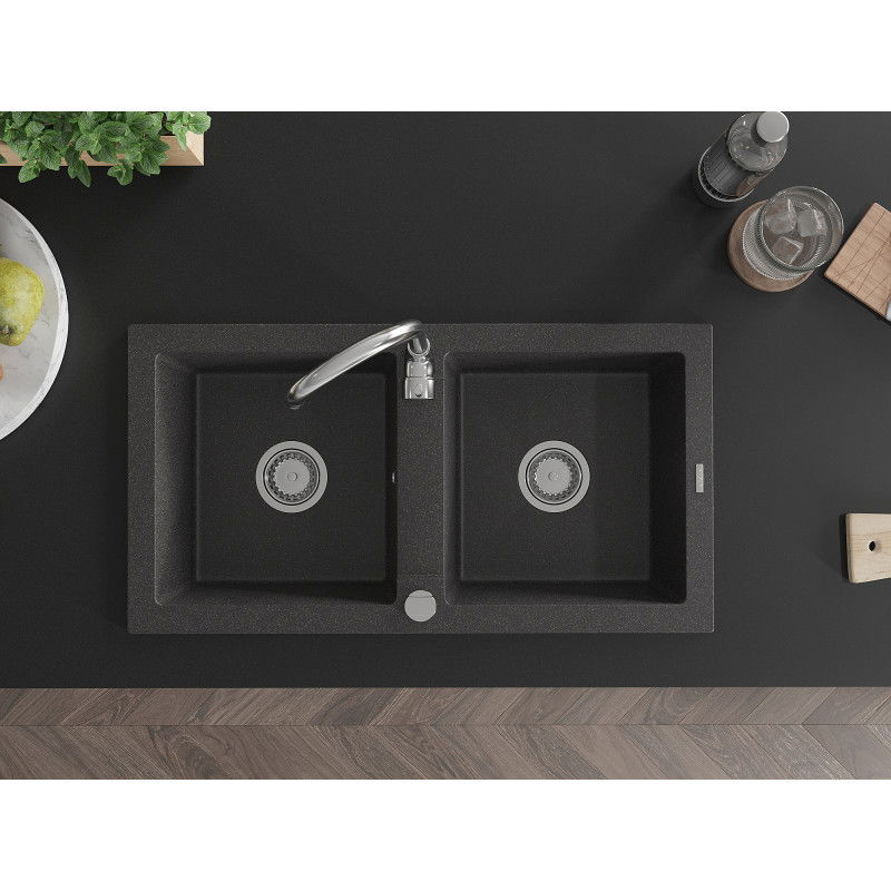 Mexen Mario granitový drez 2-komorový 820 x 436 mm, čierny bodkovaný, sifón chróm - 6504822000-76