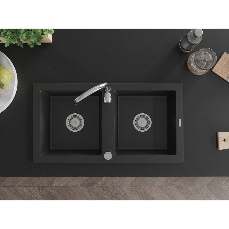 Mexen Mario žulový drez 2-komorový 820 x 436 mm, čierny, sifón chróm - 6504822000-77