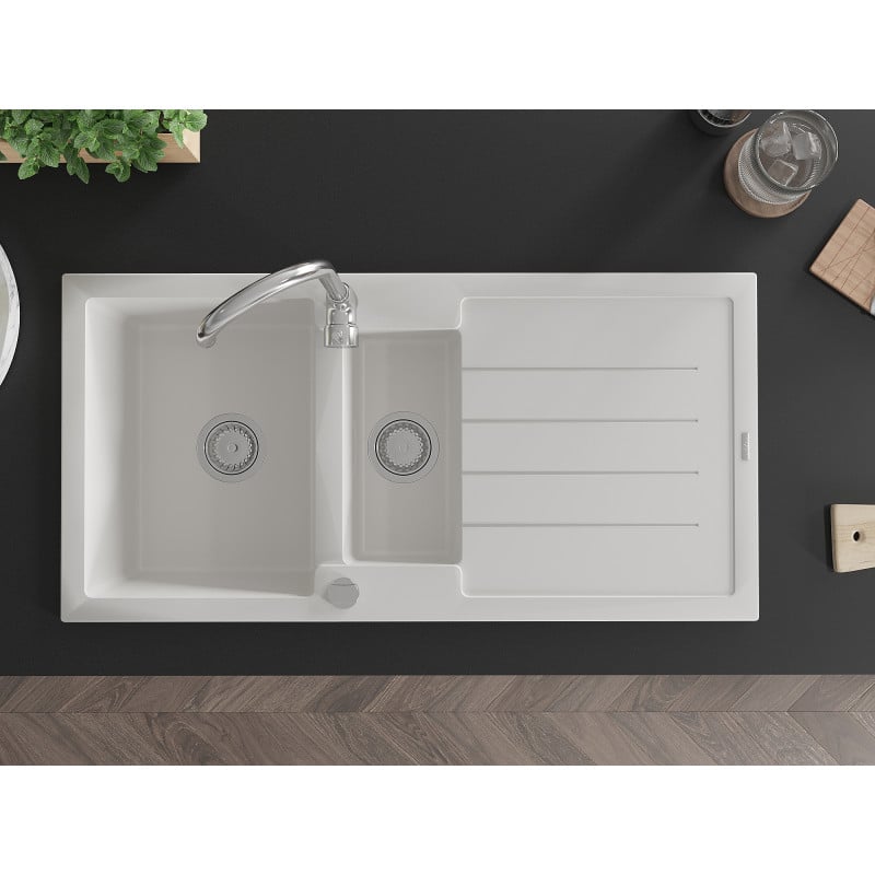 Mexen Andres žulový kuchynský drez 1,5-komorový s odkvapkávačom 1000 x 500 mm, biely, sifón chróm - 6515101510-20