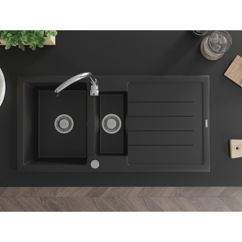 Mexen Andres žulový drez s 1,5 komorami s odkvapkávačom 1000 x 500 mm, čierny, sifón chróm - 6515101510-77
