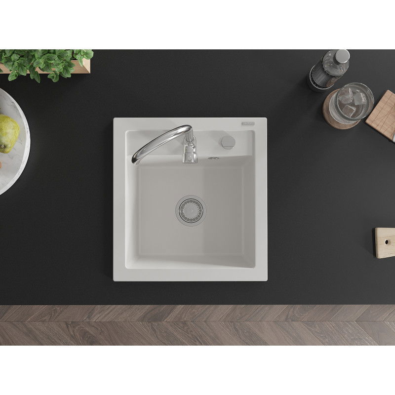 Mexen Vito granitový kuchynský drez s jednou komorou 520 x 490 mm, biely, sifón chróm - 6503521000-20