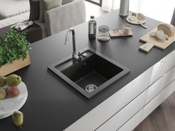 Mexen Vito granitový drezy 1-komorový 520 x 490 mm, čierny/zlatý metalik, sifón chróm - 6503521000-75