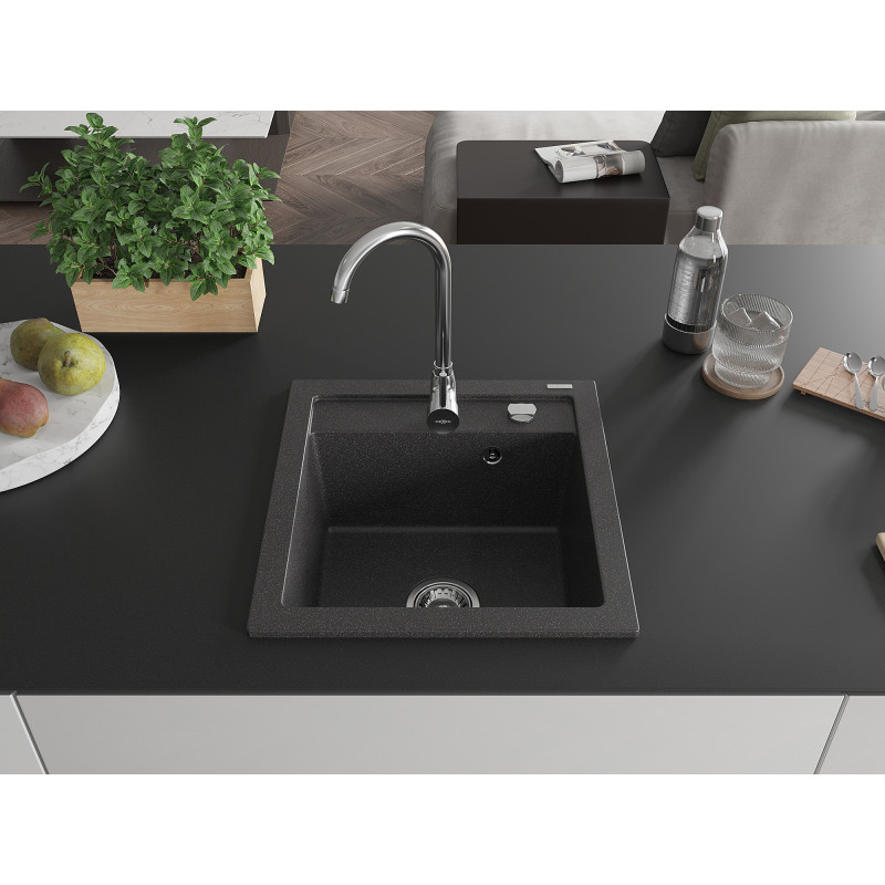 Mexen Vito granitový drez s jednou komorou 520 x 490 mm, čierny bodkovaný, chróm sifón - 6503521000-76