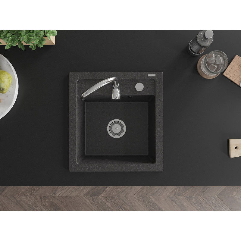 Mexen Vito granitový drez s jednou komorou 520 x 490 mm, čierny škvrnitý, sifón chróm - 6503521000-76