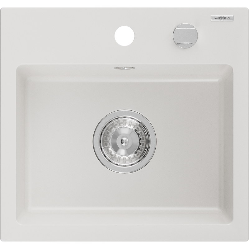 Mexen Milo granitový kuchynský drez 1-komorový 435 x 410 mm, biely, chrómová sifón - 6505441000-20