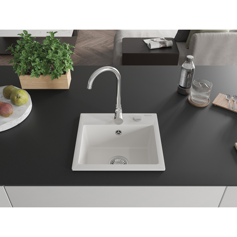 Mexen Milo granitový kuchynský drez 1-komorový 435 x 410 mm, biely, chrómová sifón - 6505441000-20
