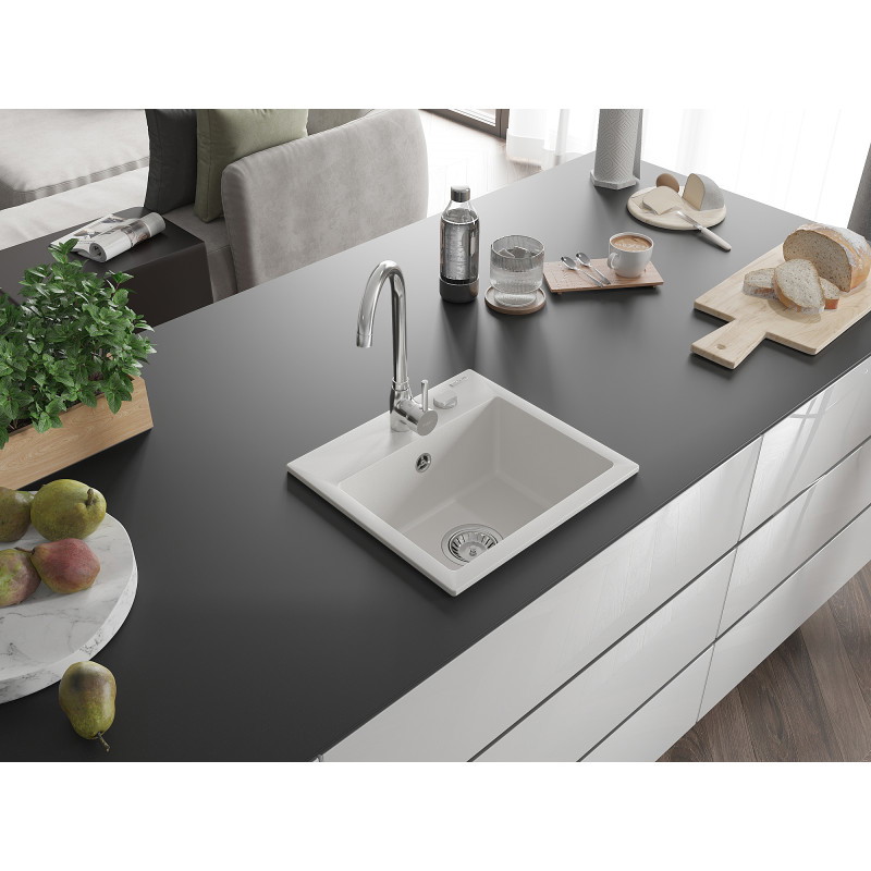 Mexen Milo granitový kuchynský drez 1-komorový 435 x 410 mm, biely, chrómová sifón - 6505441000-20