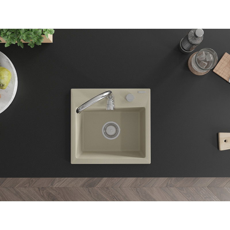 Mexen Milo granitový drez 1-komorový 435 x 410 mm, béžový, sifón chróm - 6505441000-69