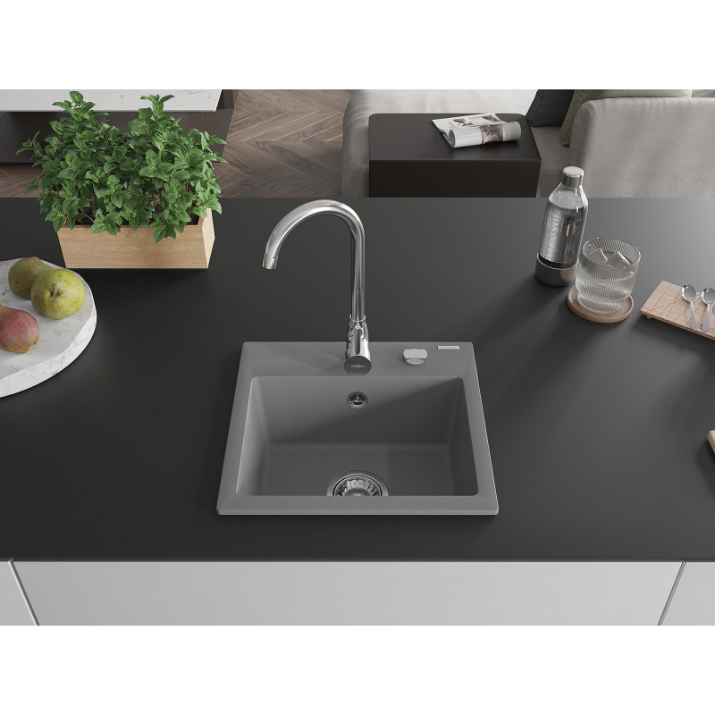 Mexen Milo granitový drez 1-komorový 435 x 410 mm, sivý, sifón chróm - 6505441000-71