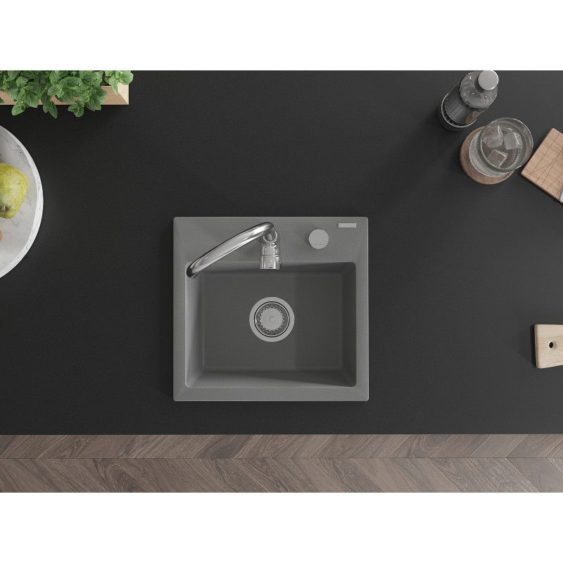 Mexen Milo granitový kuchynský drez 1-komorový 435 x 410 mm, sivý, sifón chróm - 6505441000-71
